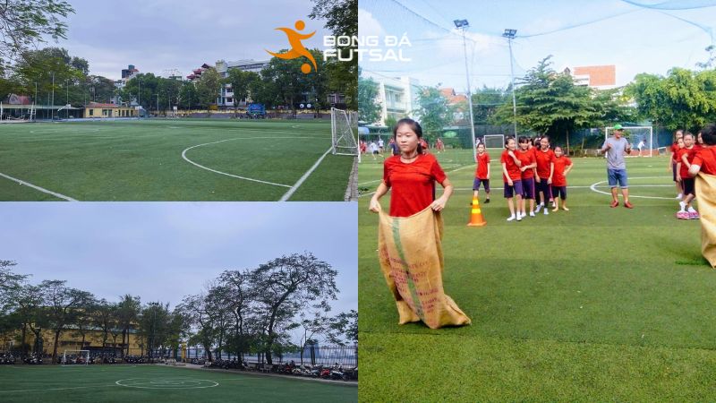 Mặt sân bóng đá tại trường THPT Chu Văn An bằng phẳng và cây xanh bao quanh